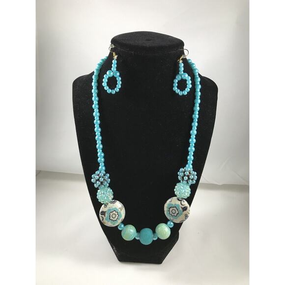 Handmade -Teal And White necklace set-21in - Picture 1 of 3